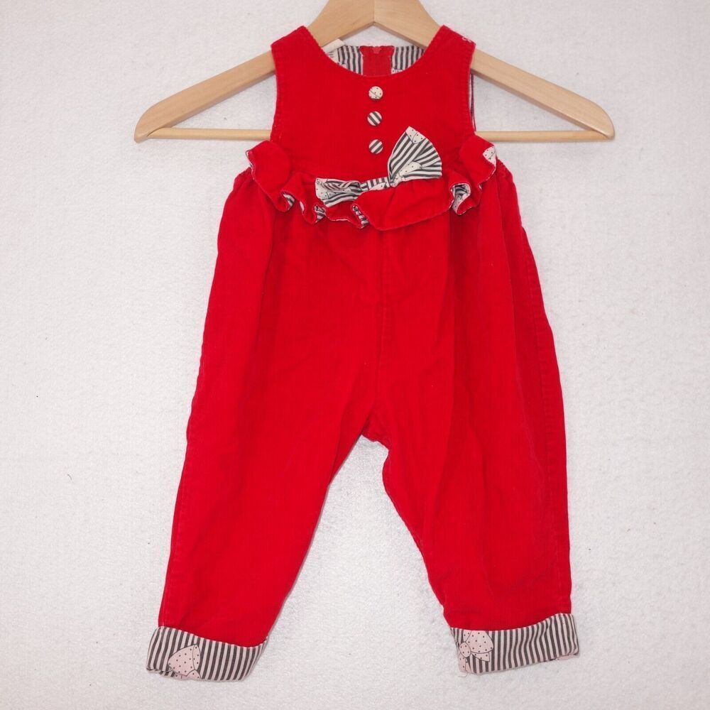 Vintage Red Corduroy Overalls with Black White Print Cuffs Bow Girls 12 months